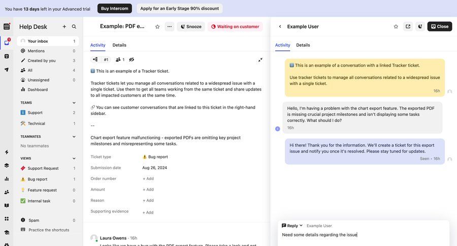 Intercom
			 sidebar navigation split view conversational ui issue tracking sidebar alert menu modern crm dashboard customer support chat order tracking ui page example