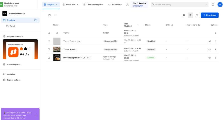 Creatopy
			 collaboration team collaboration dashboard sidebar navigation project management grid project setup design file management project organization trial banner sidebar create menu project dashboard ui page example
