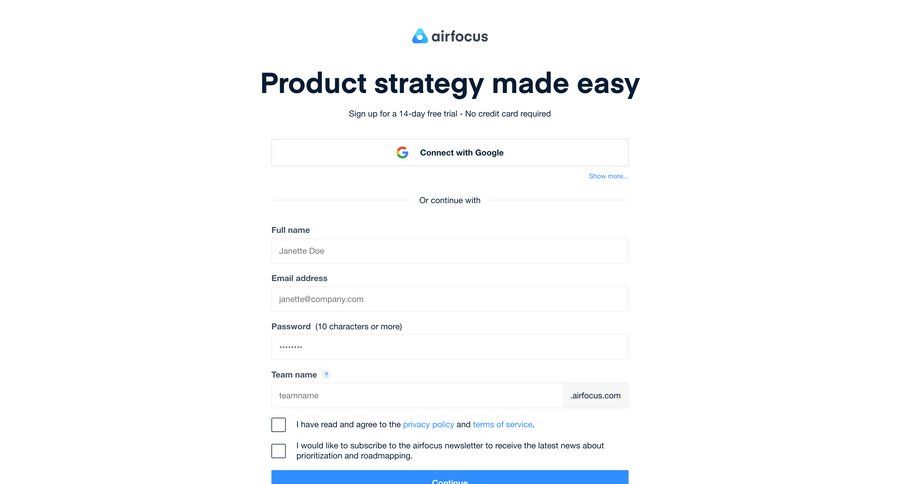 Airfocus
				signup page example