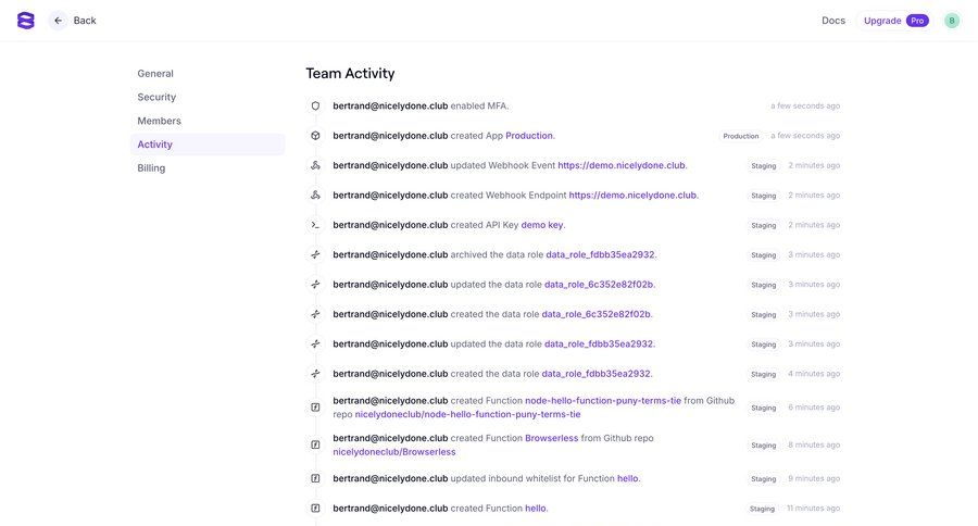 Evervault
			 configuration settings dashboard sidebar navigation account management user activity activity tracking billing history parameters version history review version control mfa ui page example