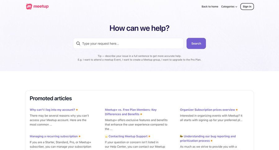 Meetup
				support / help center ui page example