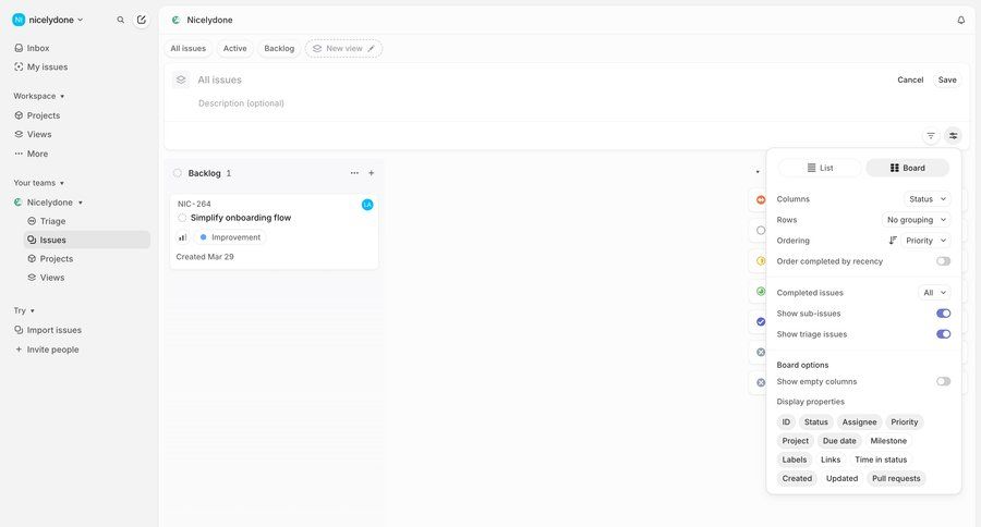 Linear
			 project management kanban board ui page example