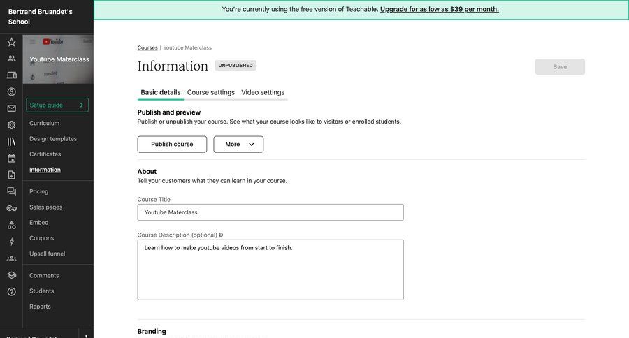 Teachable
			 content management sidebar navigation form hierarchical content save changes course creation sidebar information page ui page example