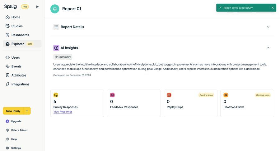 Sprig
			 dashboard grid user research data analysis report details coming soon insight data visualization modern accordion analytics ui page example