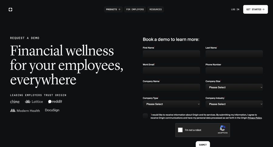 Origin Financial
			landing page demo b2b saas ui page example