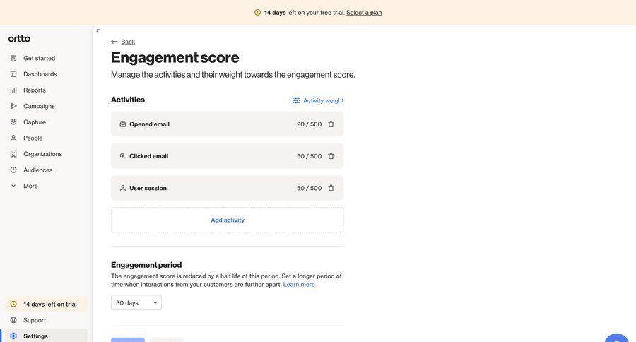 Ortto
			 sidebar settings form data management sidebar navigation configuration data analysis customer engagement marketing automation trial banner lead scoring ui page example