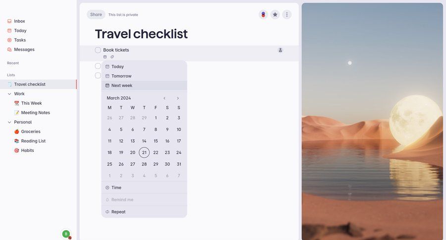 Superlist
			 task management sidebar navigation project management calendar screen sidebar menu modern ui page example
