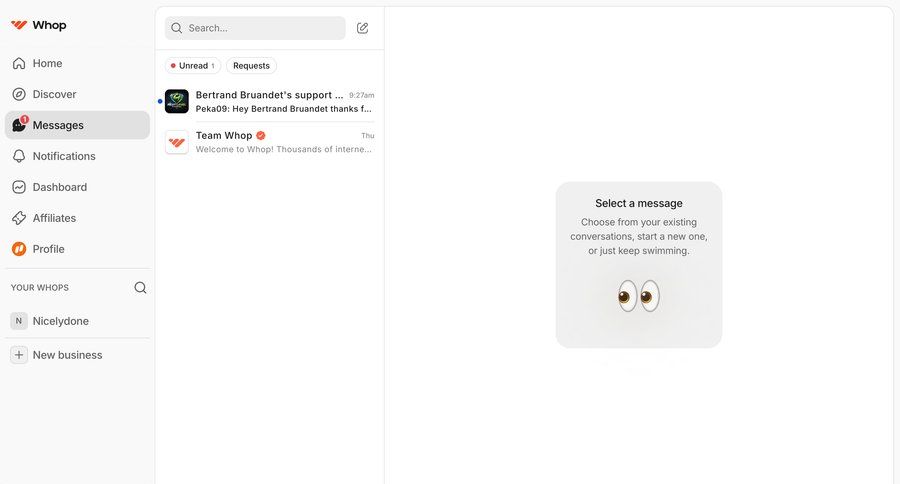 Whop
			 user management split view sidebar user profile communication modern ui page example