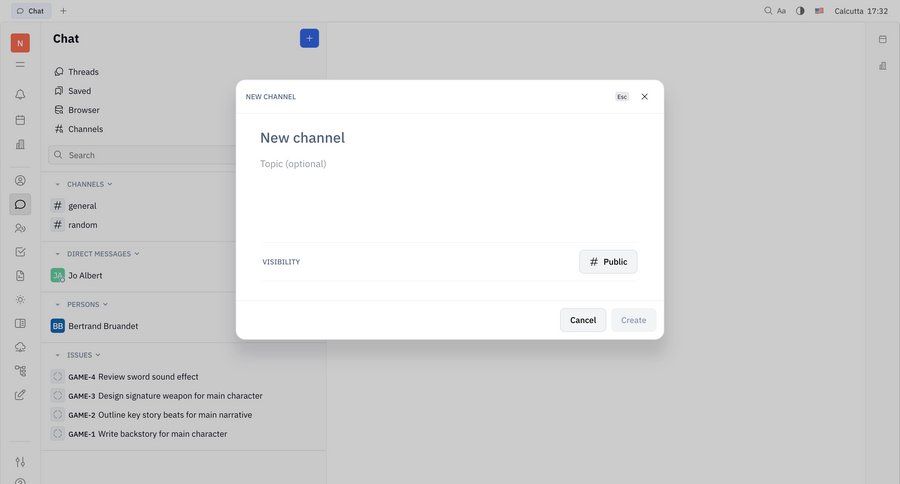 Huly
			 collaboration sidebar navigation project management onboarding form channel management cancel action ui page example