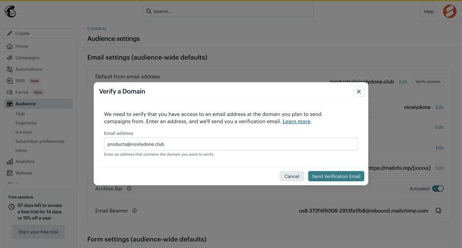 Mailchimp
			 configuration settings trial banner email ui page example