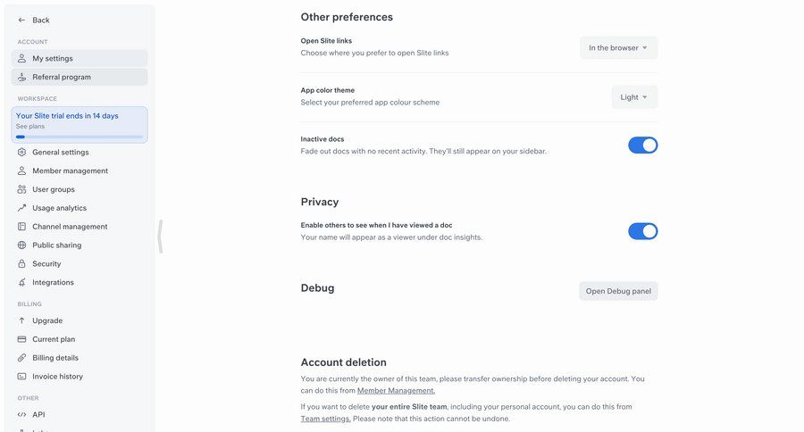 Slite
			 configuration settings sidebar navigation account management workspace settings account deletion privacy settings preferences controls ui page example