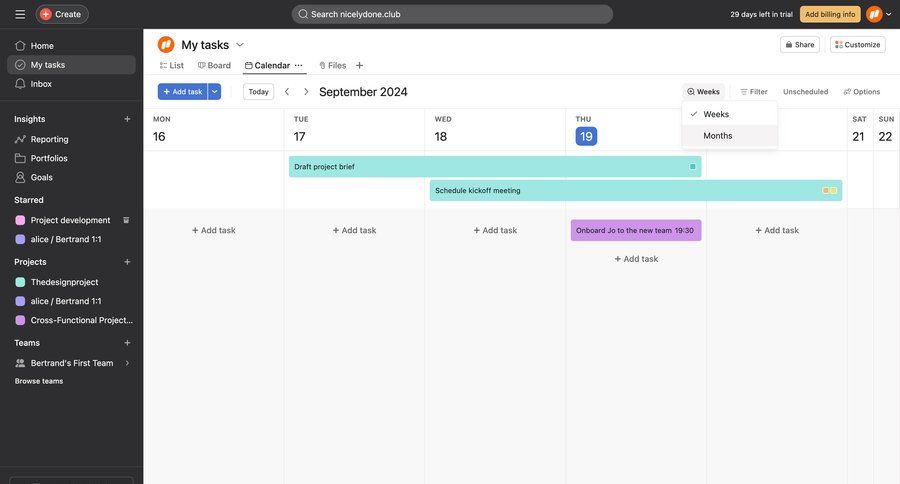 Asana
			 task management team collaboration sidebar navigation project management customize calendar screen sidebar date picker datepicker chonology time picker menu date filter time selector ui page example