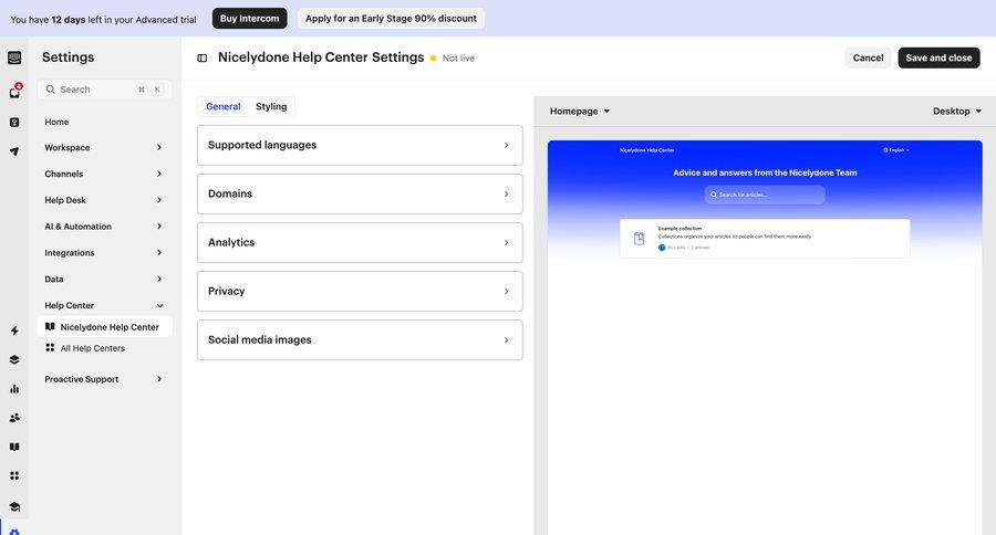 Intercom
			 configuration settings sidebar navigation real-time preview navigating settings preview panel cancel trial sidebar modern advanced search customer support chat ui page example