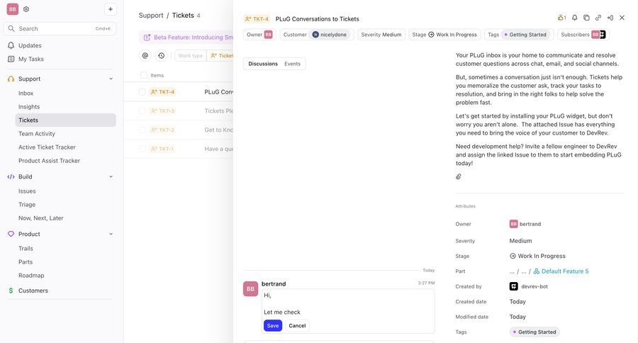 DevRev
			 split view conversational ui issue tracking customer communication sidebar message detail view menu chat interface conversational customer support chat ui page example