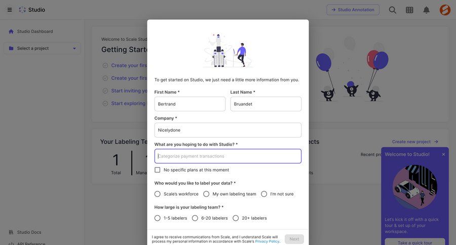 Scale
			onboarding form modal & popover account setup modal screen onboarding form account creation machine learning ui page example