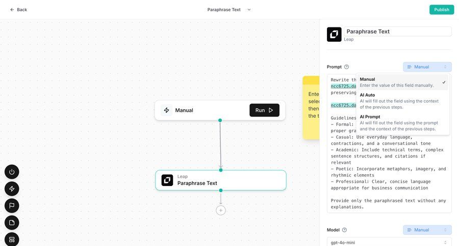 Leap
			 editor wysiwyg conversational node based editor ai model selection ui page example