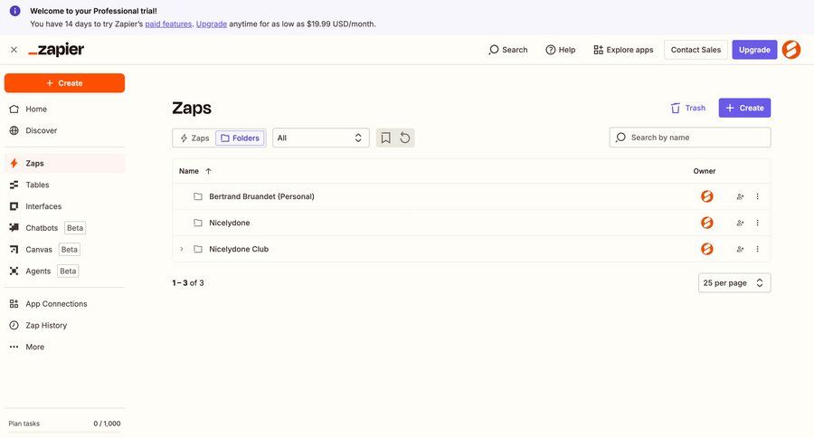 Zapier
			 task management dashboard sidebar navigation automation delete account setup workflow management workflow automation file organization folder management trial banner data display create menu table pagination ui page example
