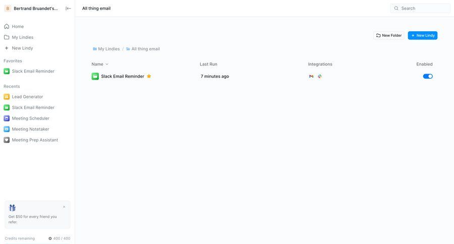 Lindy
			 dashboard sidebar navigation grid onboarding automation email sidebar create folder integration table ui page example