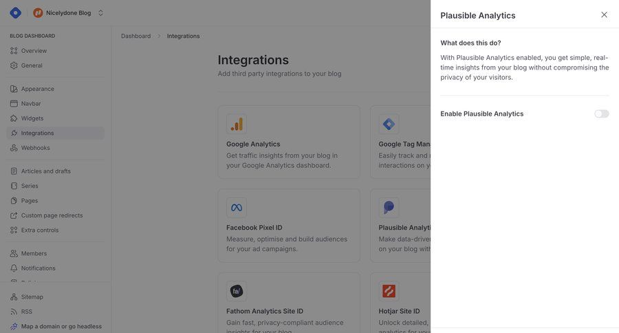Hashnode
			 sidebar settings dashboard integration sidebar navigation analytics version control configuration analytics integration ui page example