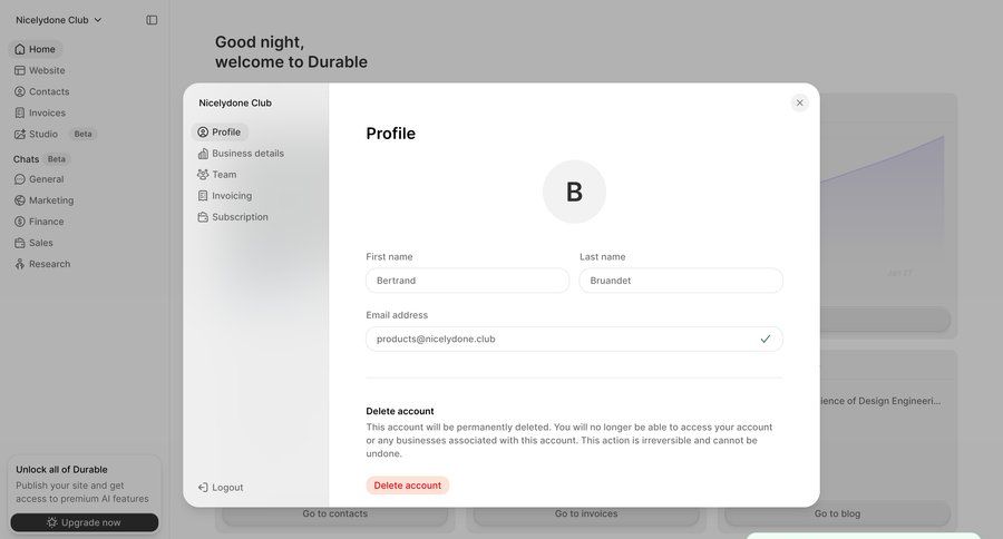 Durable
			 user profile account management profile settings settings modal account deletion ui page example