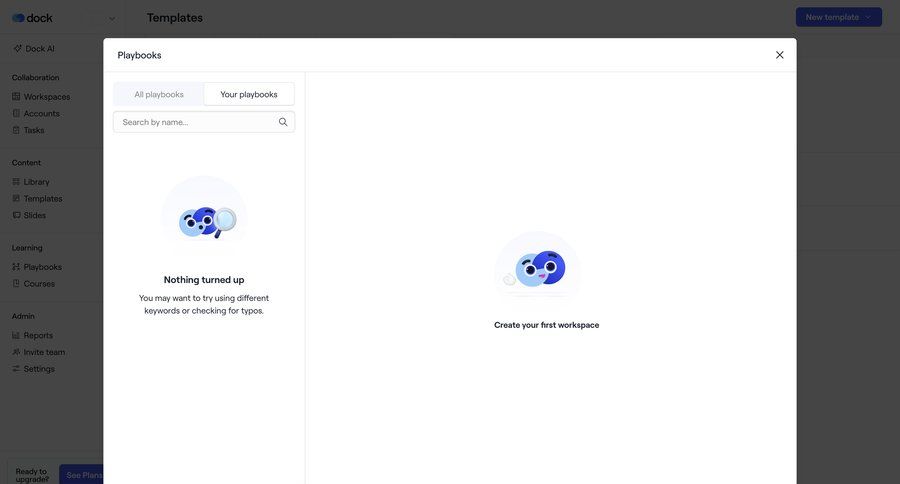 Dock
			 data management content management template library minimalist design empty state message search bar b2b saas ui page example