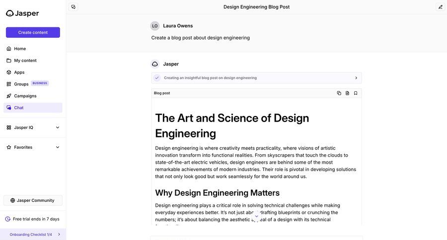 Jasper
			 content management sidebar navigation design sidebar chat blog post chat interface ui page example