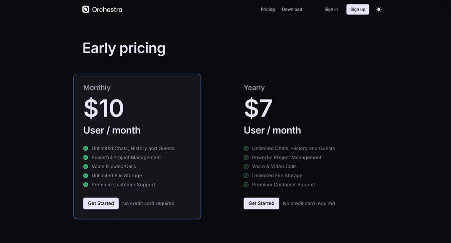 Orchestra
				plans & pricing ui page example