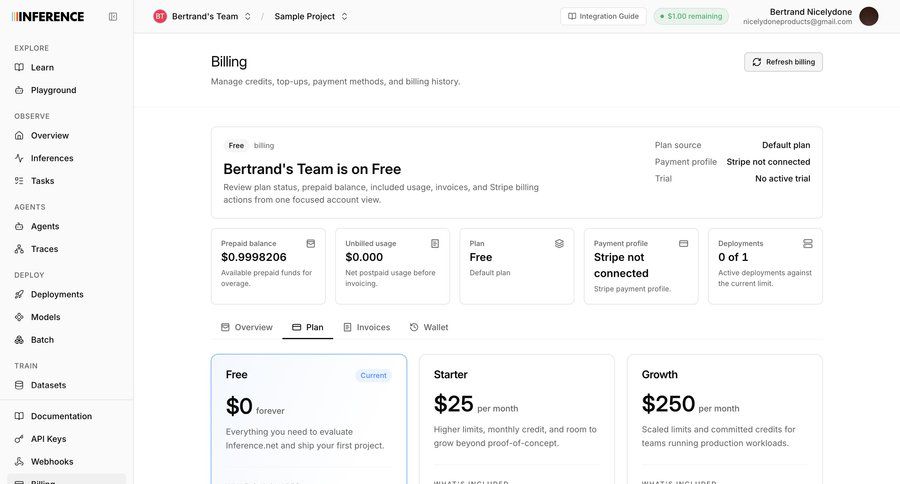Inference
			settings list plans & pricing (in app) billing account management ui page example