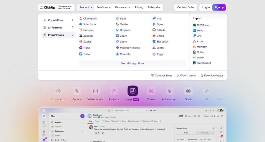 ClickUp
			 homepage home page chat interface enterprise ui page example