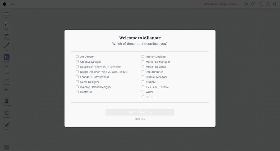Milanote
				onboarding page example