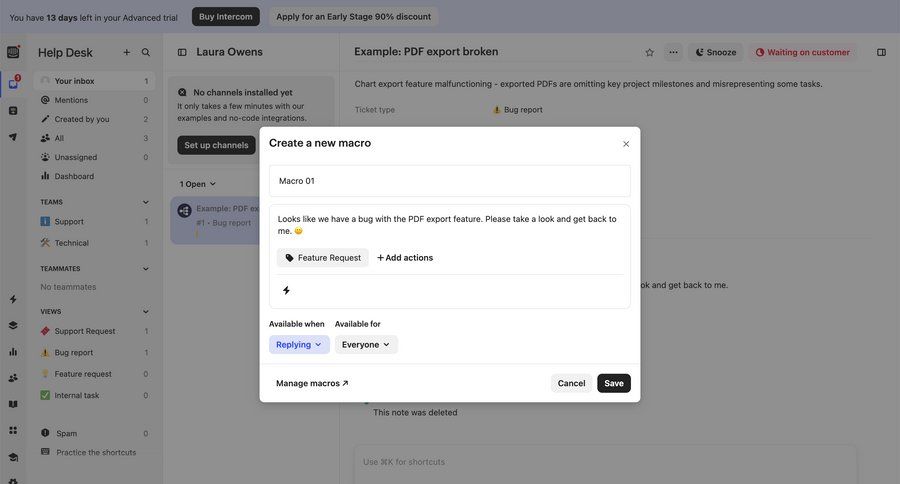 Intercom
			 configuration form automation workflow automation note creation cancel trial sidebar contextual help ui page example