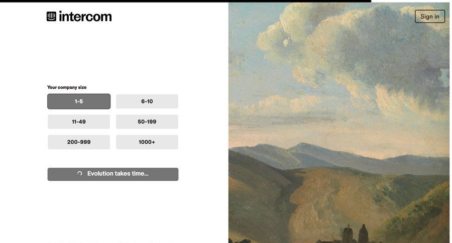 Intercom
			 onboarding account setup split screen account creation customer engagement auth sign in signup create new account register ui page example