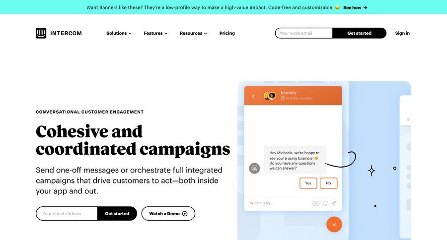 Intercom
			 features management press release guided tour conversational bot builder ui page example