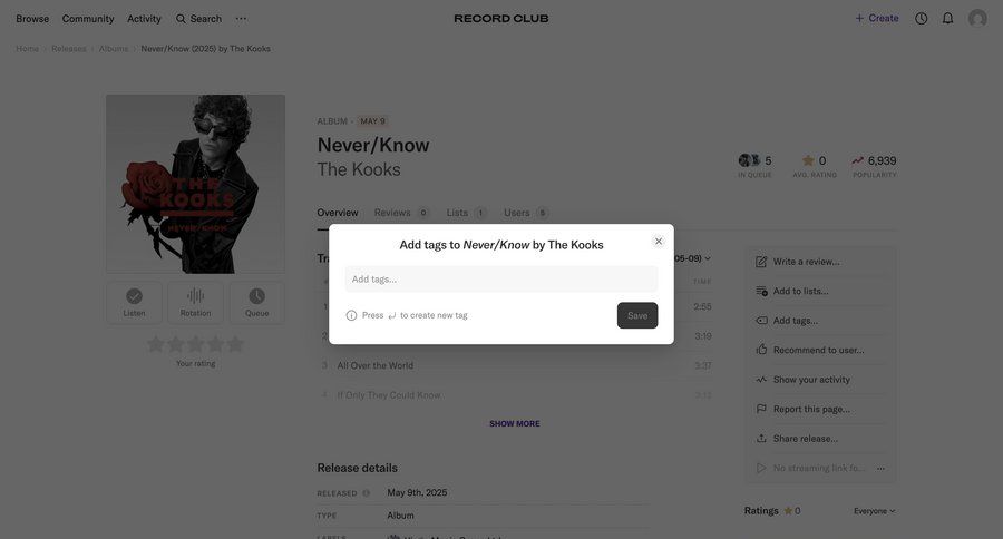 Record club
			 modal screen tagging information page detail view item details info view press release ui page example