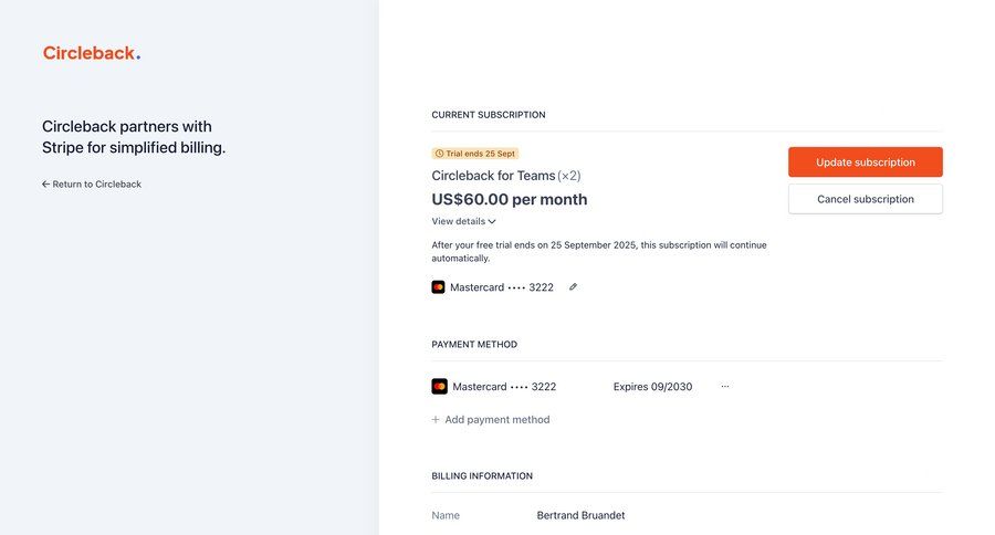 Circleback
			 settings account management subscription management payment method ui page example