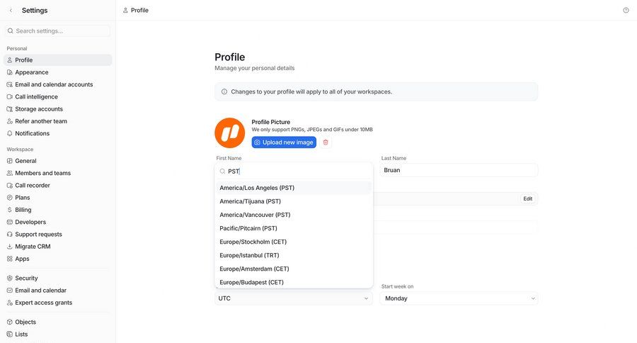 Attio
			 settings user management form upload image sidebar autocomplete ui page example