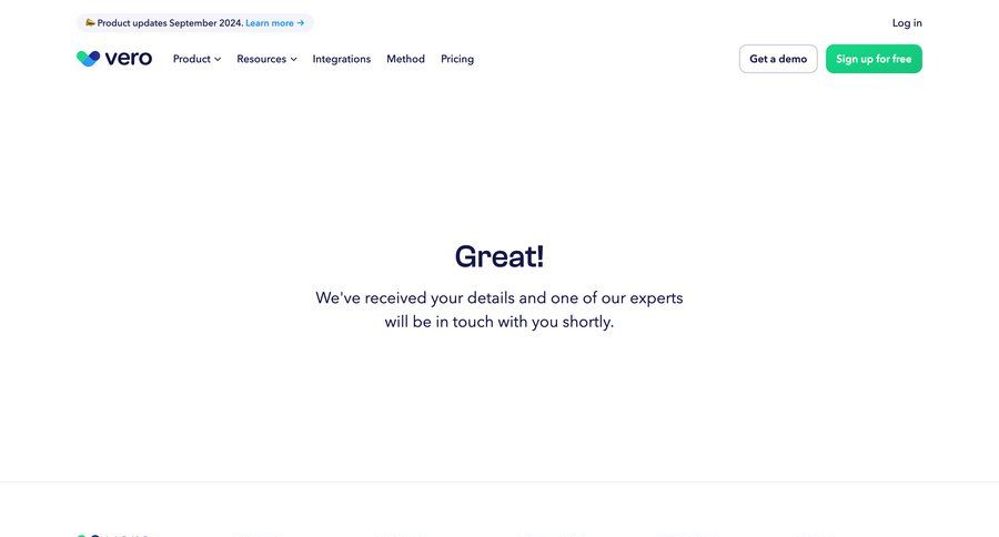 Vero
			 contact us customer stories email confirmation signup confirmation connect service ui page example