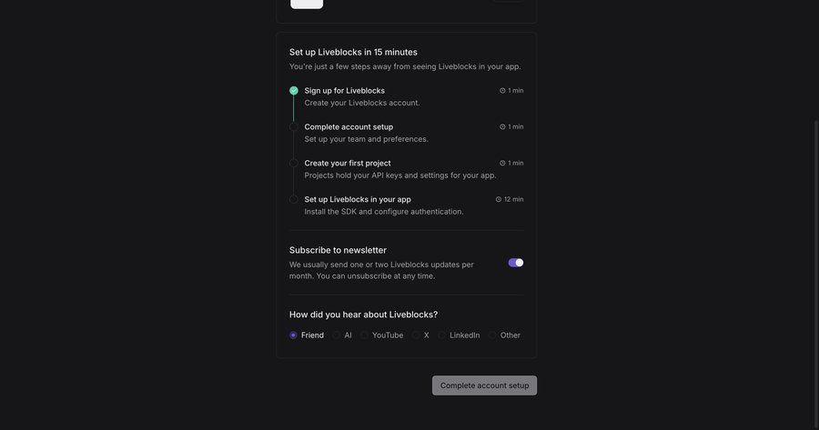 Liveblocks
			 account management onboarding form account setup progress indicator account creation getting started setup saas onboarding ui page example