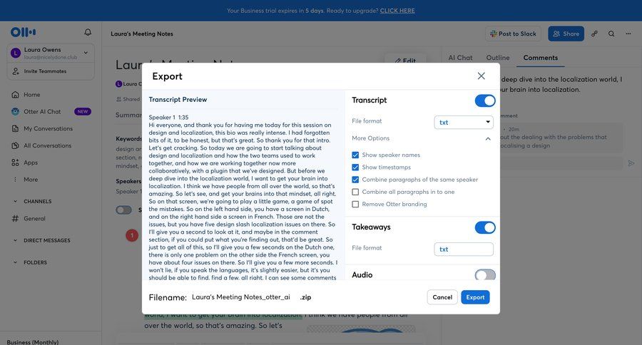Otter
			messaging modal & popover export form export content sharing upgrade modal call transcript communication chat tips meeting transcript localization ui page example
