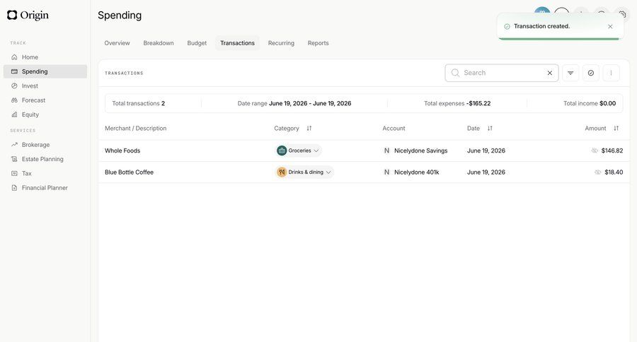 Origin Financial
			notification list filters expense management transaction history ui page example