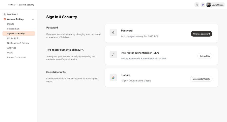 Kajabi
			security settings settings sidebar navigation account management account settings authentication password management sidebar security change password ui page example