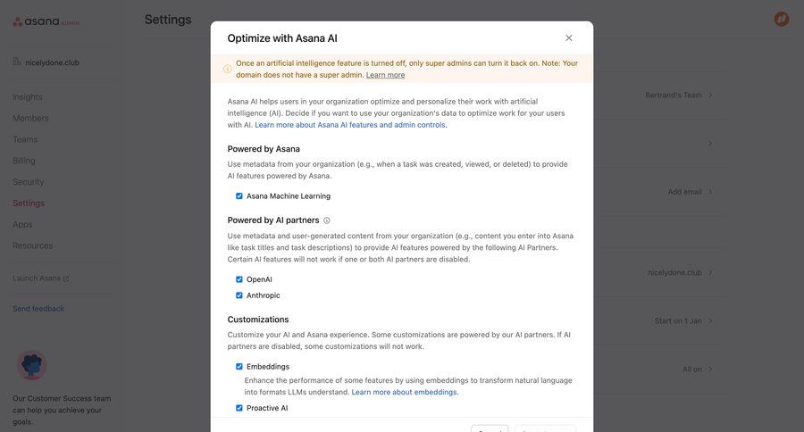 Asana
			 modal screen configuration settings project management artificial intelligence form save changes machine learning radio group ui page example