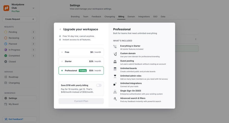 UserJot
			 collaboration settings subscription management plan comparison features ui page example