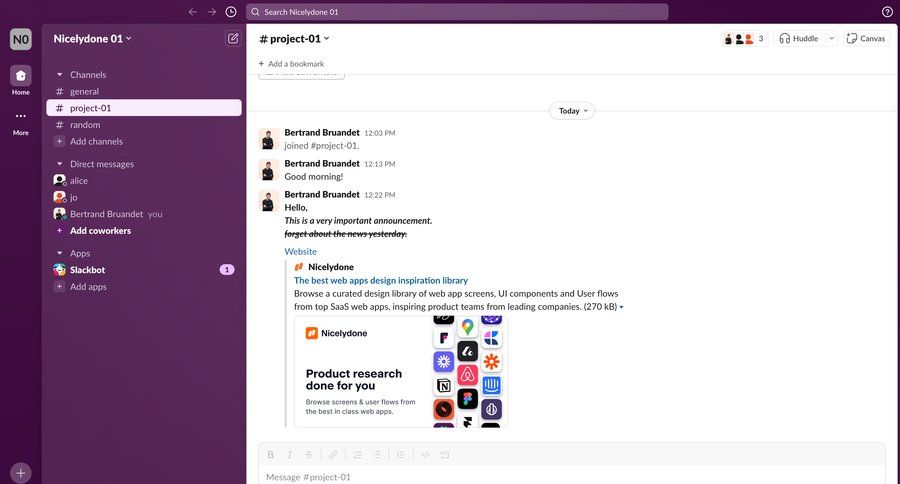 Slack
			 team collaboration sidebar navigation project management conversational ui attachment sidebar communication menu ui page example
