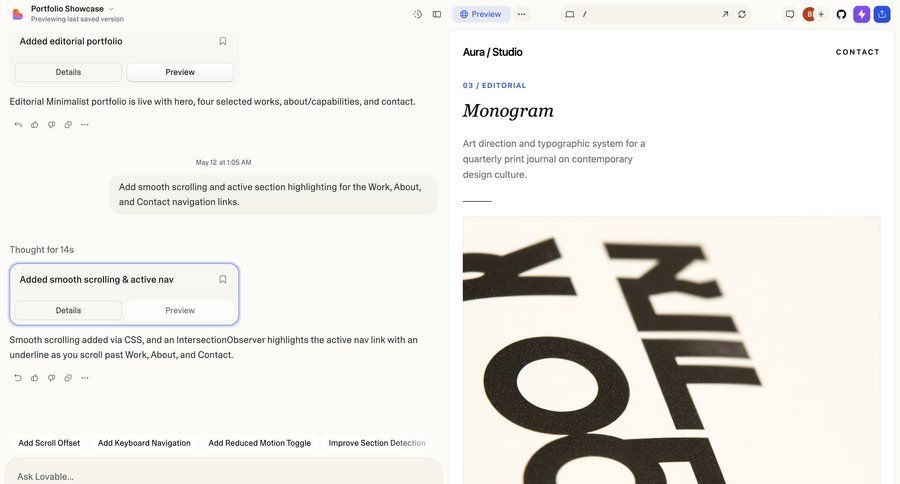Lovable
			content editor activity feed history edit design editor artificial intelligence chat interface ui page example