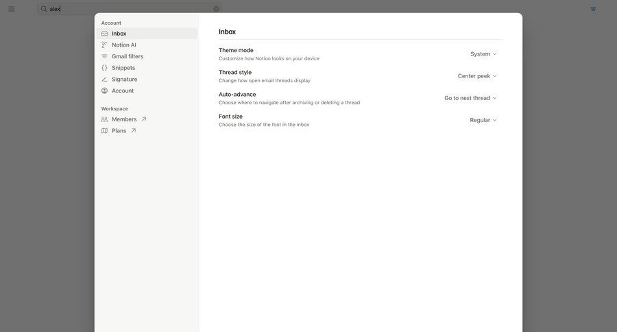 Notion Mail
			 configuration settings automation workspace settings account settings hierarchical navigation inbox parameters information page ui page example