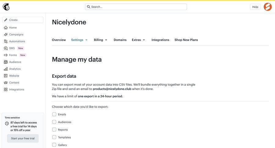 Mailchimp
			settings form export account settings workspace settings data export data management account settings trial banner ui page example