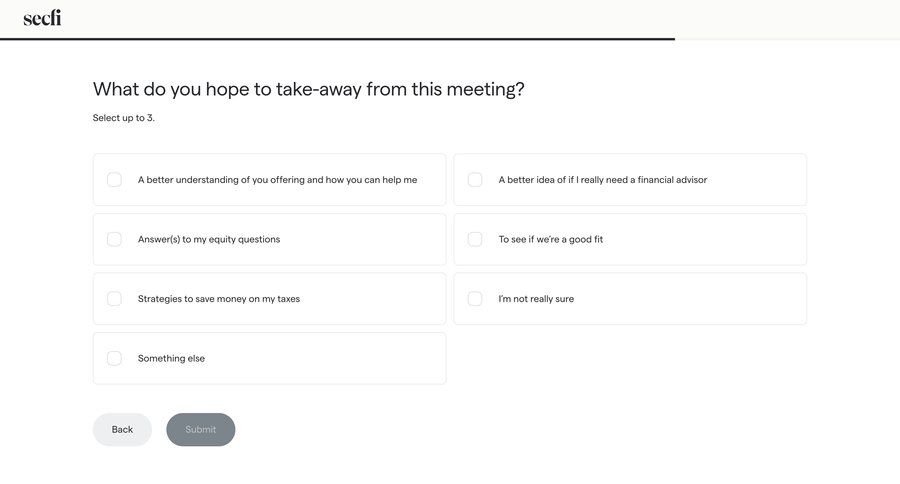 Secfi
			 onboarding form account setup meeting ui page example
