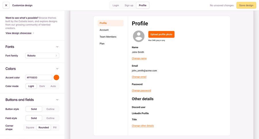 Outseta
			 settings account management form account setup account settings user account profile management sidebar change password ui page example