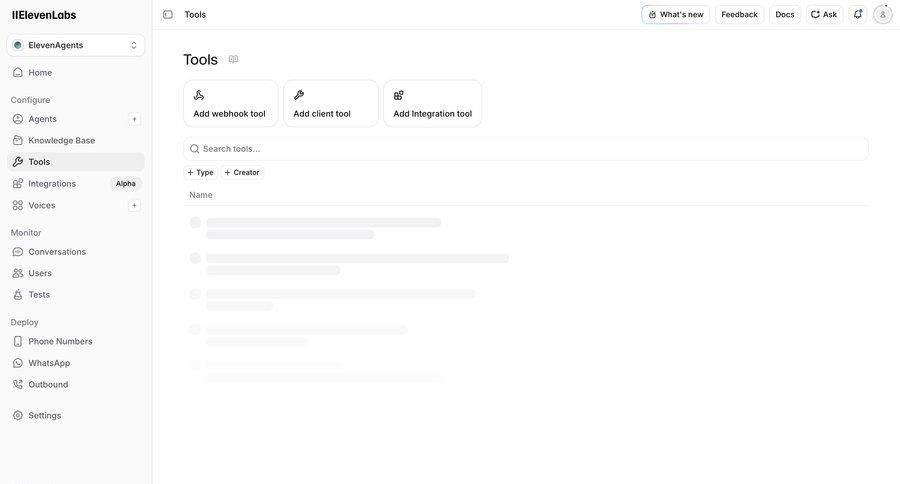 Elevenlabs
			settings list loading state tools actions workspace settings integration setup ui page example